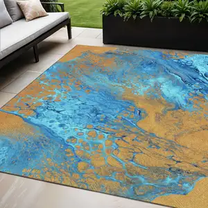 Photo of Cobalt And Copper Abstract Washable Indoor Outdoor Area Rug