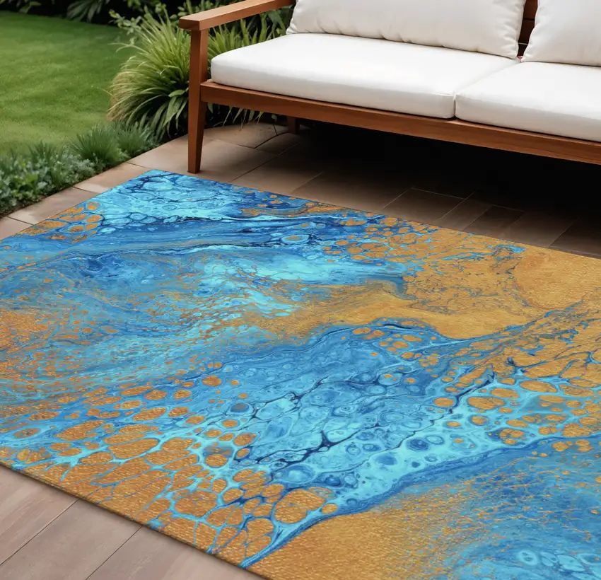 Cobalt And Copper Abstract Washable Indoor Outdoor Area Rug Photo 1