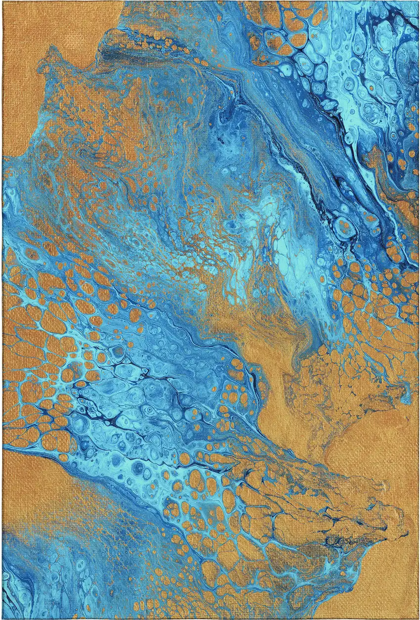 Cobalt And Copper Abstract Washable Indoor Outdoor Area Rug Photo 2