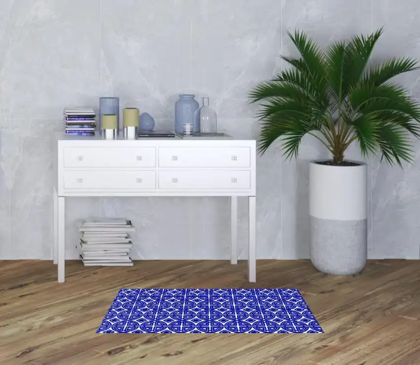 Cobalt Blue And White Geometric Washable Non Skid Area Rug Photo 2