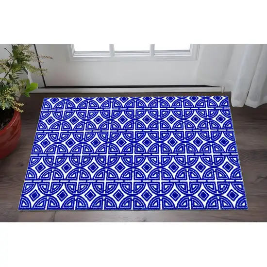 Cobalt Blue And White Geometric Washable Non Skid Area Rug Photo 1