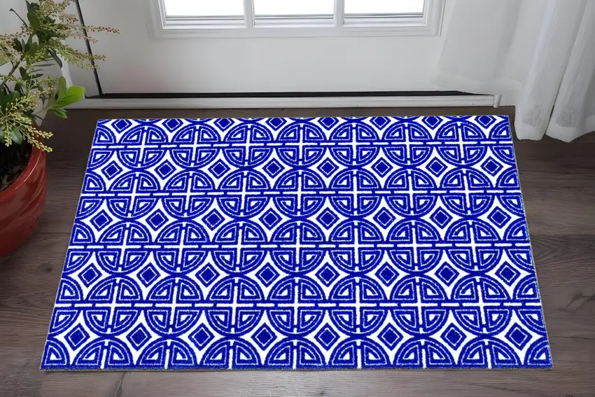 Cobalt Blue And White Geometric Washable Non Skid Area Rug Photo 1