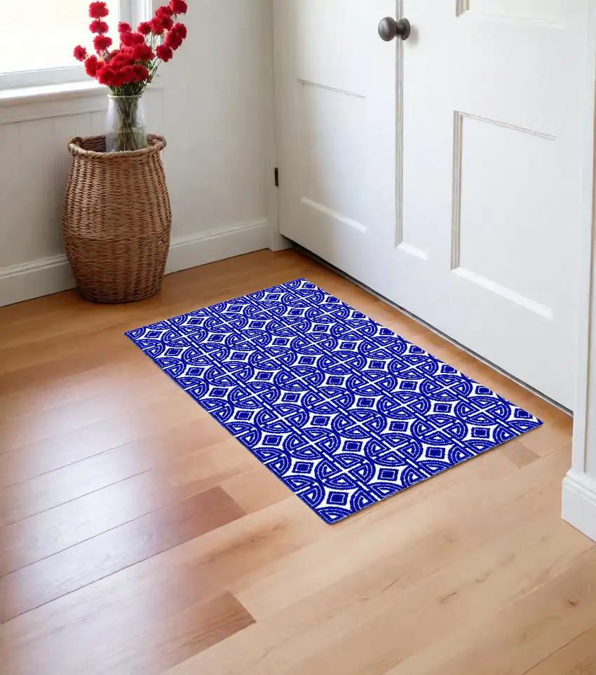 Cobalt Blue And White Geometric Washable Non Skid Area Rug Photo 1