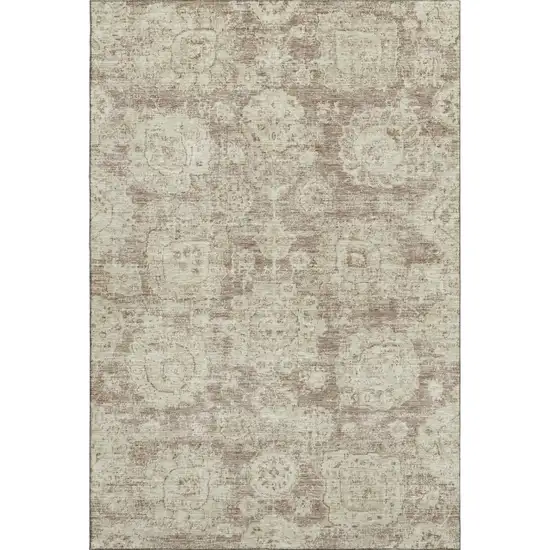 Coffee And Beige Floral Washable Area Rug With UV Protection Photo 1
