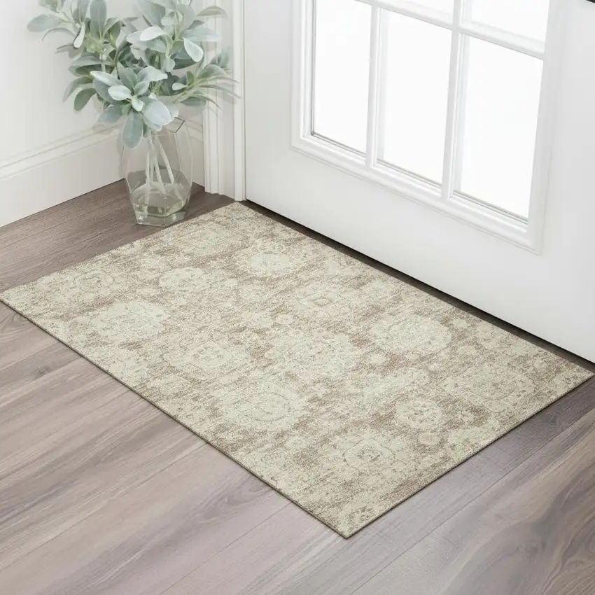 Coffee And Beige Floral Washable Area Rug With UV Protection Photo 1
