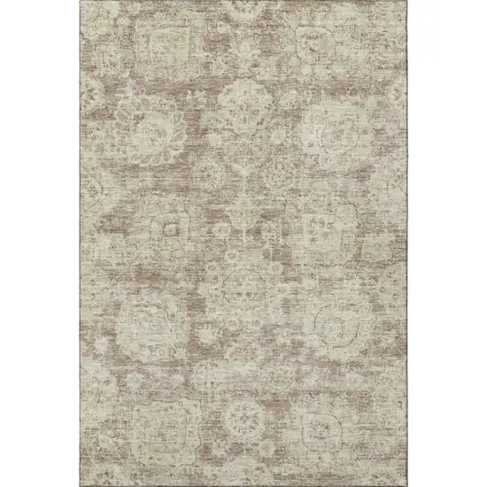 Coffee And Beige Floral Washable Area Rug With UV Protection Photo 4