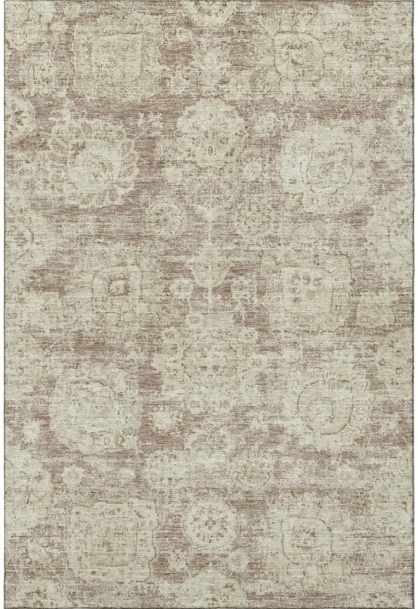 Coffee And Beige Floral Washable Area Rug With UV Protection Photo 4