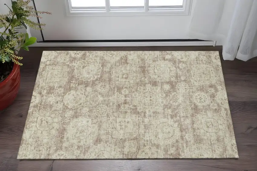 Coffee And Beige Floral Washable Area Rug With UV Protection Photo 2
