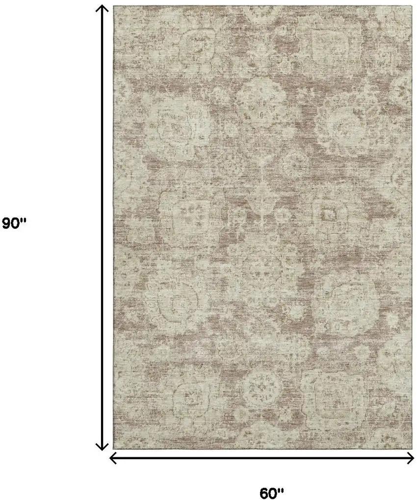 Coffee And Beige Floral Washable Area Rug With UV Protection Photo 9