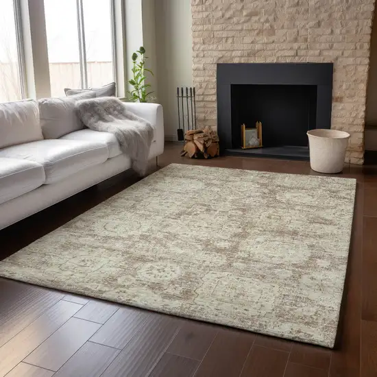 Coffee And Beige Floral Washable Area Rug With UV Protection Photo 4