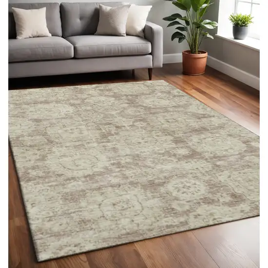 Coffee And Beige Floral Washable Area Rug With UV Protection Photo 2