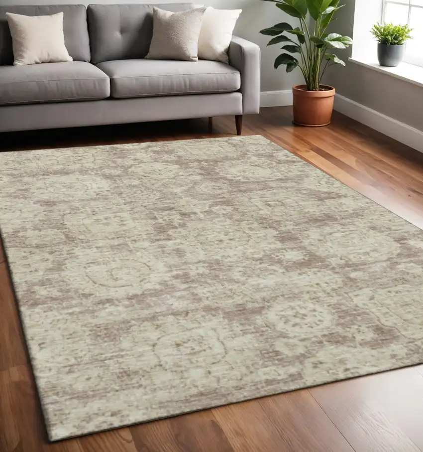 Coffee And Beige Floral Washable Area Rug With UV Protection Photo 2