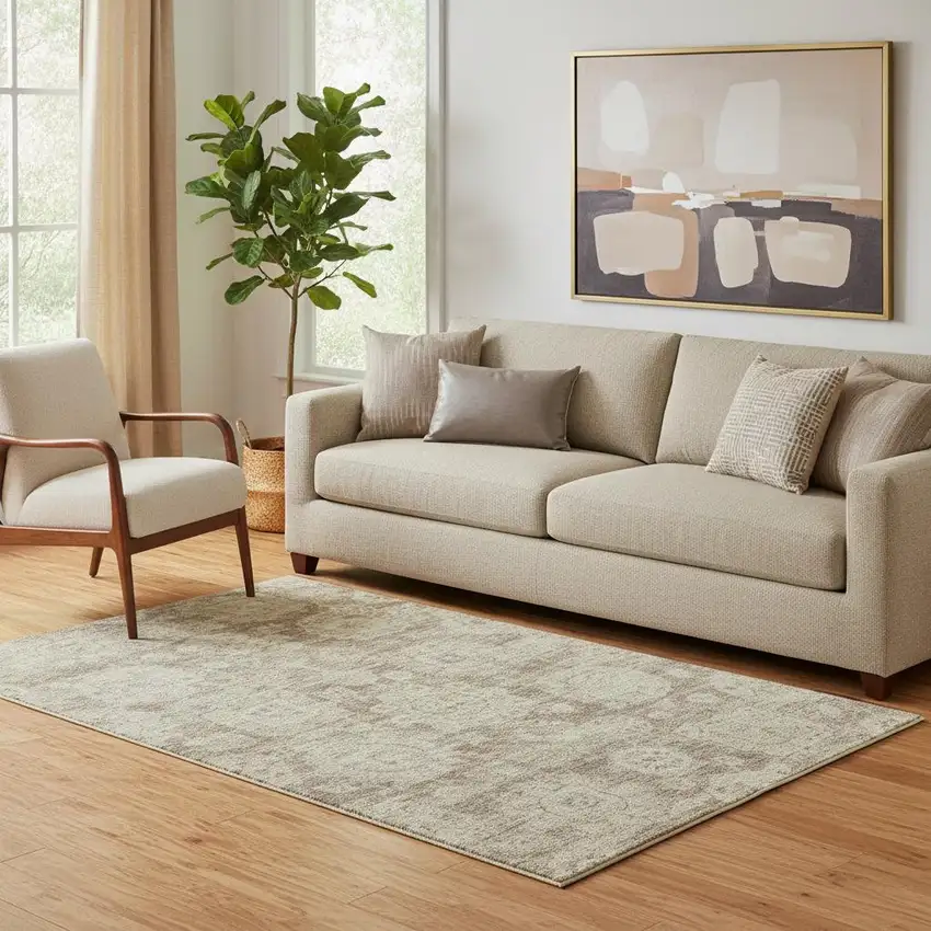 Coffee And Beige Floral Washable Area Rug With UV Protection Photo 1