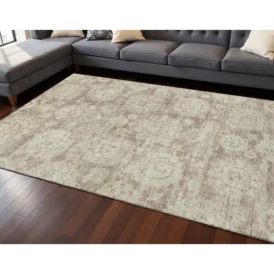 Coffee And Beige Floral Washable Area Rug With UV Protection Photo 2