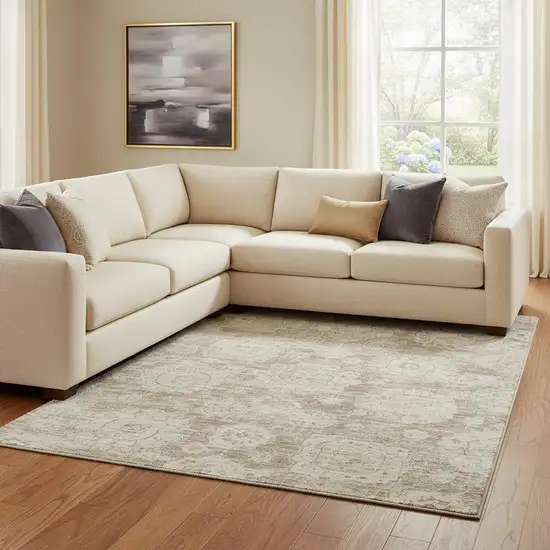 Coffee And Beige Floral Washable Area Rug With UV Protection Photo 1