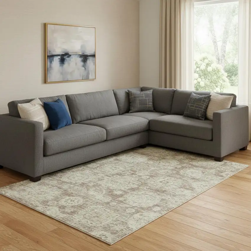 Coffee And Beige Floral Washable Area Rug With UV Protection Photo 1