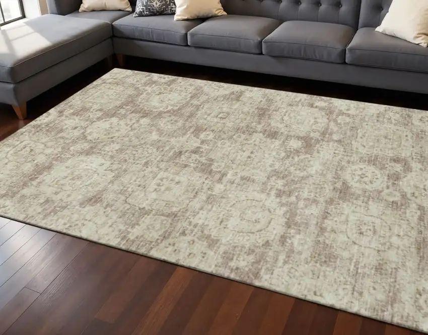 Coffee And Beige Floral Washable Area Rug With UV Protection Photo 2