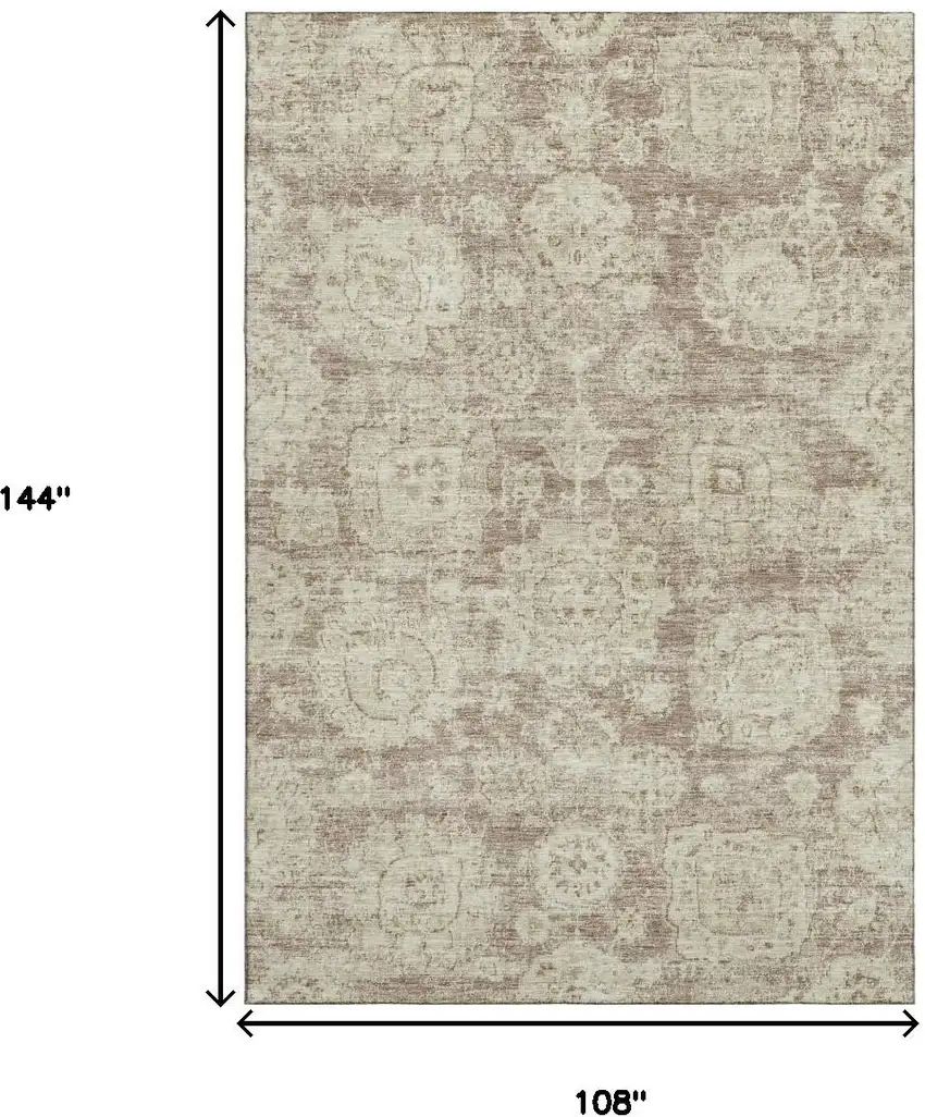 Coffee And Beige Floral Washable Area Rug With UV Protection Photo 9