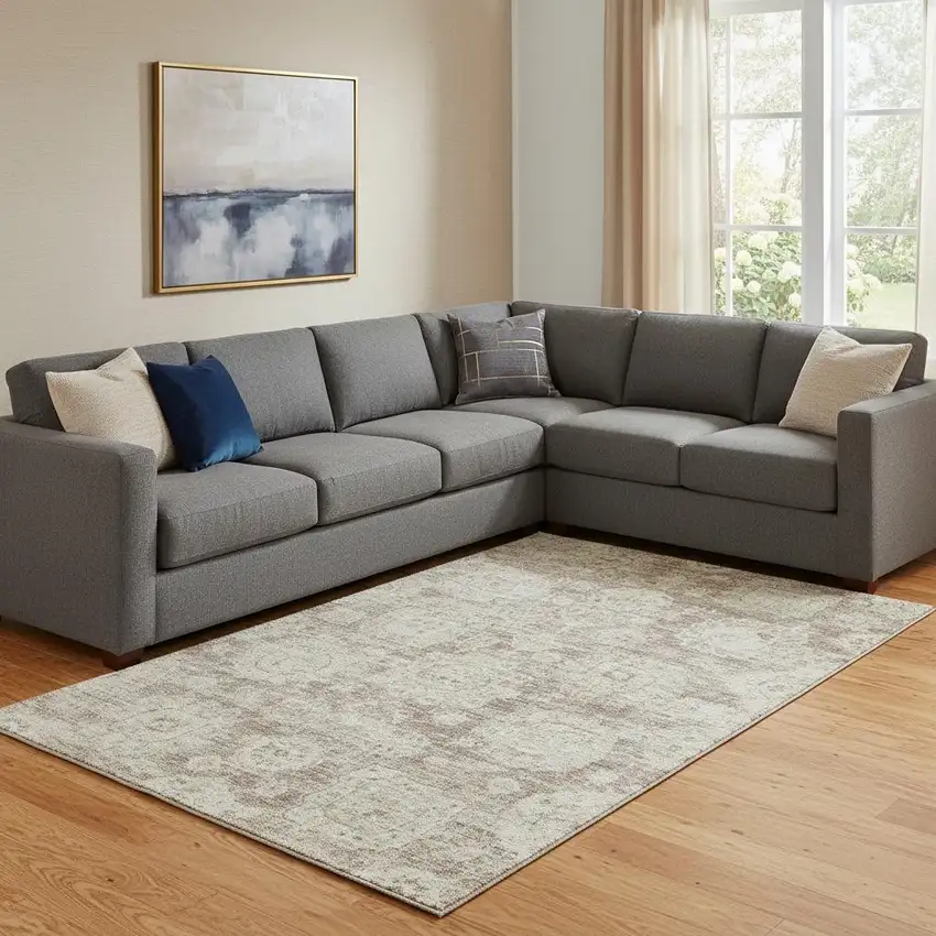 Coffee And Beige Floral Washable Area Rug With UV Protection Photo 1