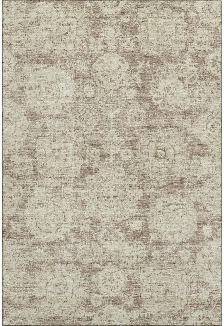 Coffee And Beige Floral Washable Area Rug With UV Protection Photo 1