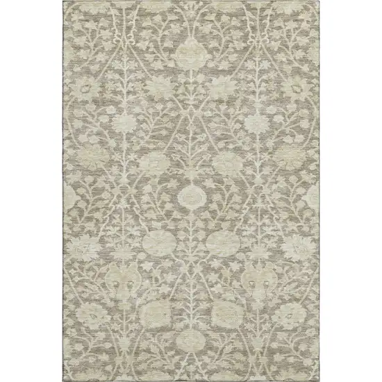 Coffee And Beige Floral Washable Area Rug With UV Protection Photo 1