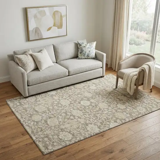 Coffee And Beige Floral Washable Area Rug With UV Protection Photo 1