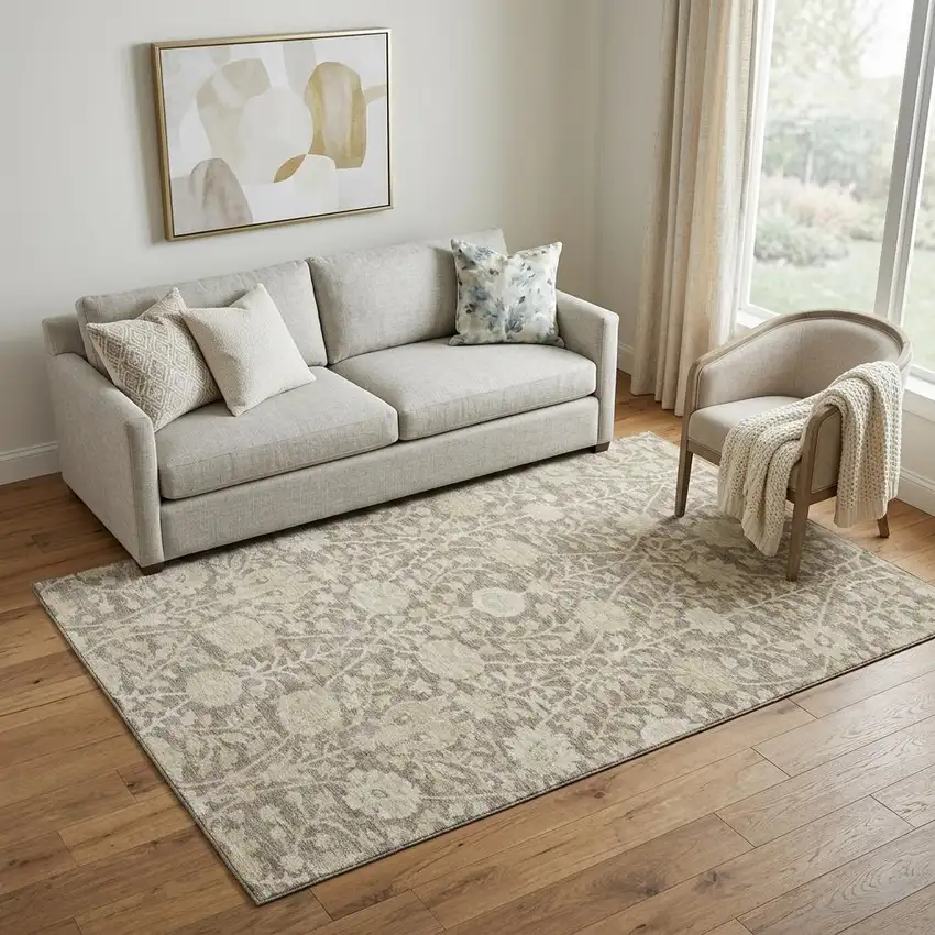 Coffee And Beige Floral Washable Area Rug With UV Protection Photo 1