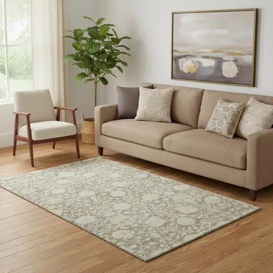 Coffee And Beige Floral Washable Area Rug With UV Protection Photo 2