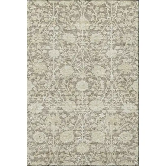 Coffee And Beige Floral Washable Area Rug With UV Protection Photo 2