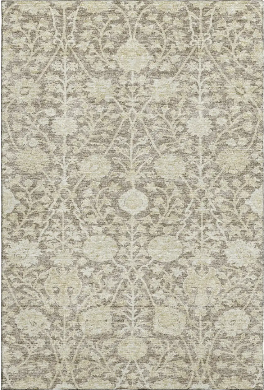 Coffee And Beige Floral Washable Area Rug With UV Protection Photo 1
