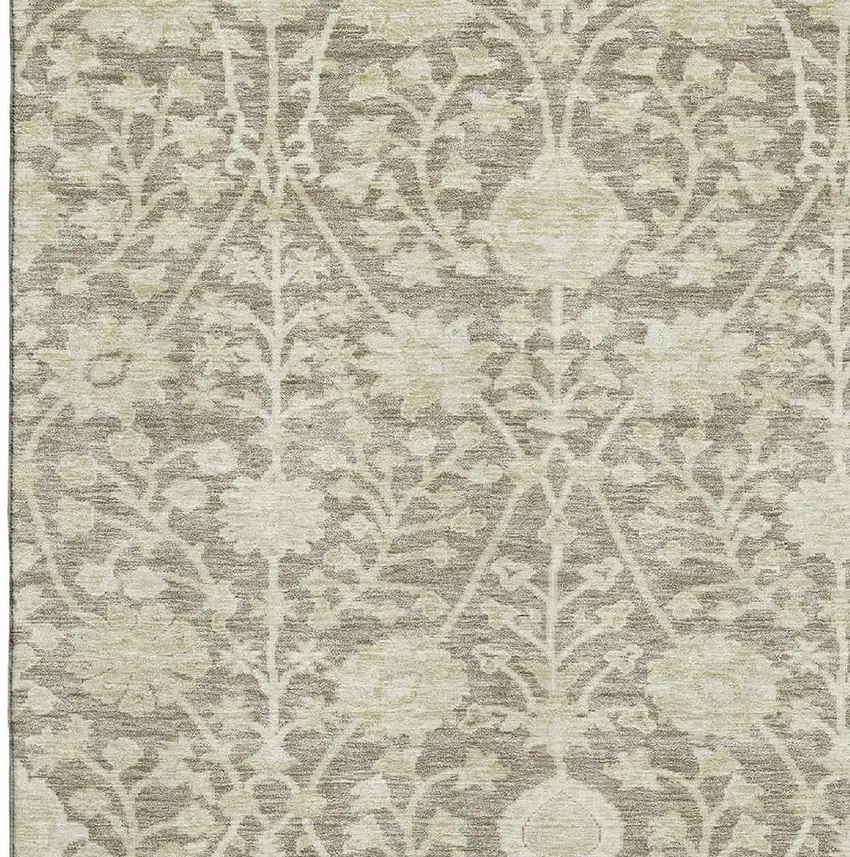 Coffee And Beige Floral Washable Area Rug With UV Protection Photo 2