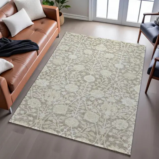 Coffee And Beige Floral Washable Area Rug With UV Protection Photo 5
