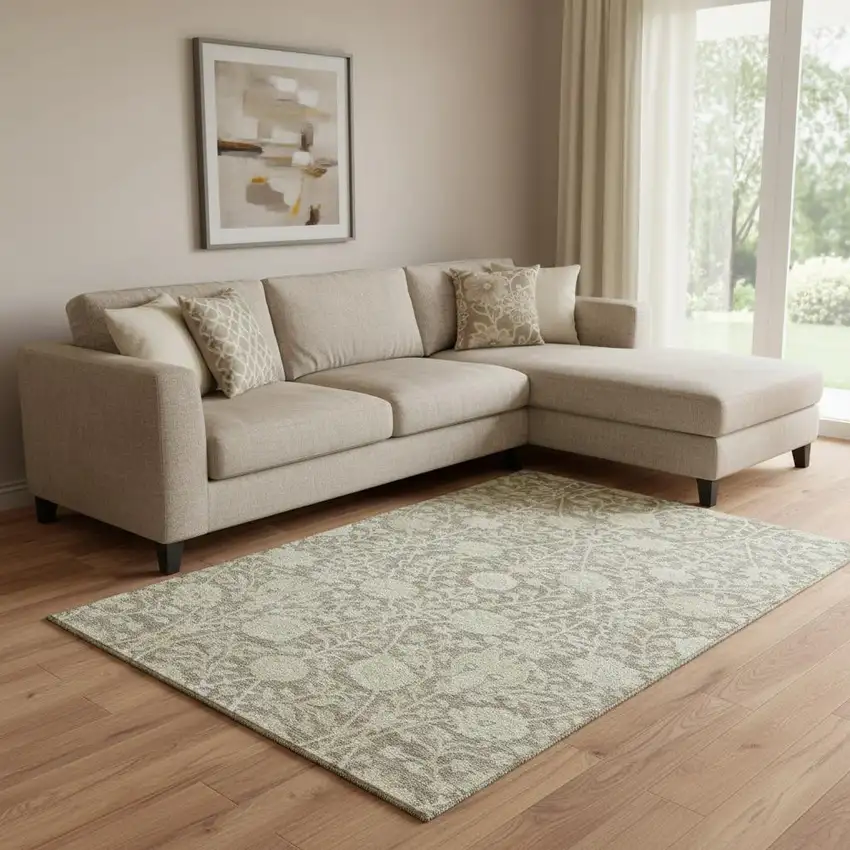 Coffee And Beige Floral Washable Area Rug With UV Protection Photo 2
