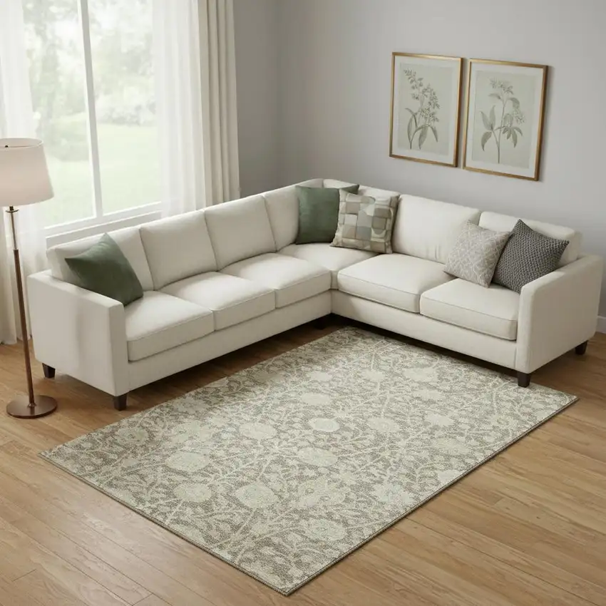 Coffee And Beige Floral Washable Area Rug With UV Protection Photo 2