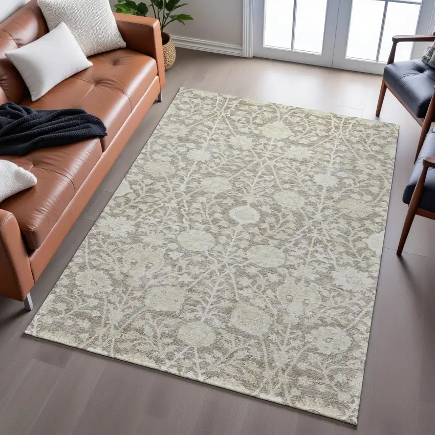 Coffee And Beige Floral Washable Area Rug With UV Protection Photo 5