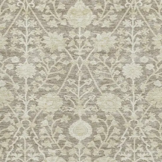 Coffee And Beige Floral Washable Area Rug With UV Protection Photo 2