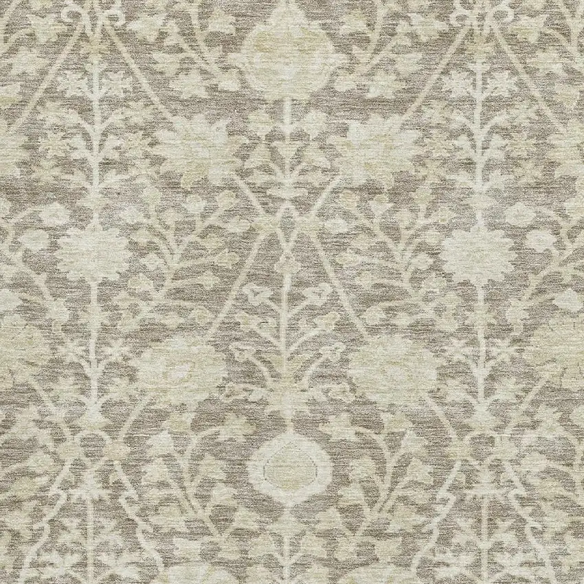 Coffee And Beige Floral Washable Area Rug With UV Protection Photo 2