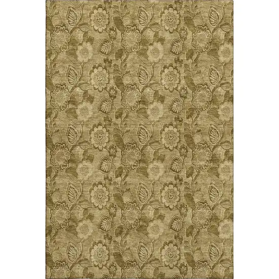 Coffee And Beige Floral Washable Area Rug With UV Protection Photo 1