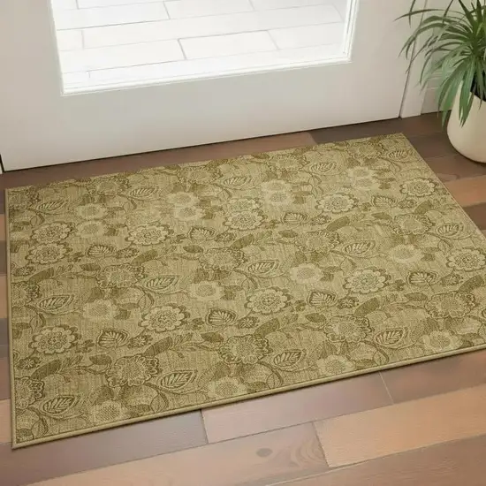Coffee And Beige Floral Washable Area Rug With UV Protection Photo 2