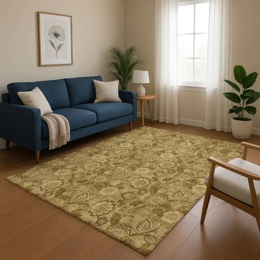 Coffee And Beige Floral Washable Area Rug With UV Protection Photo 5