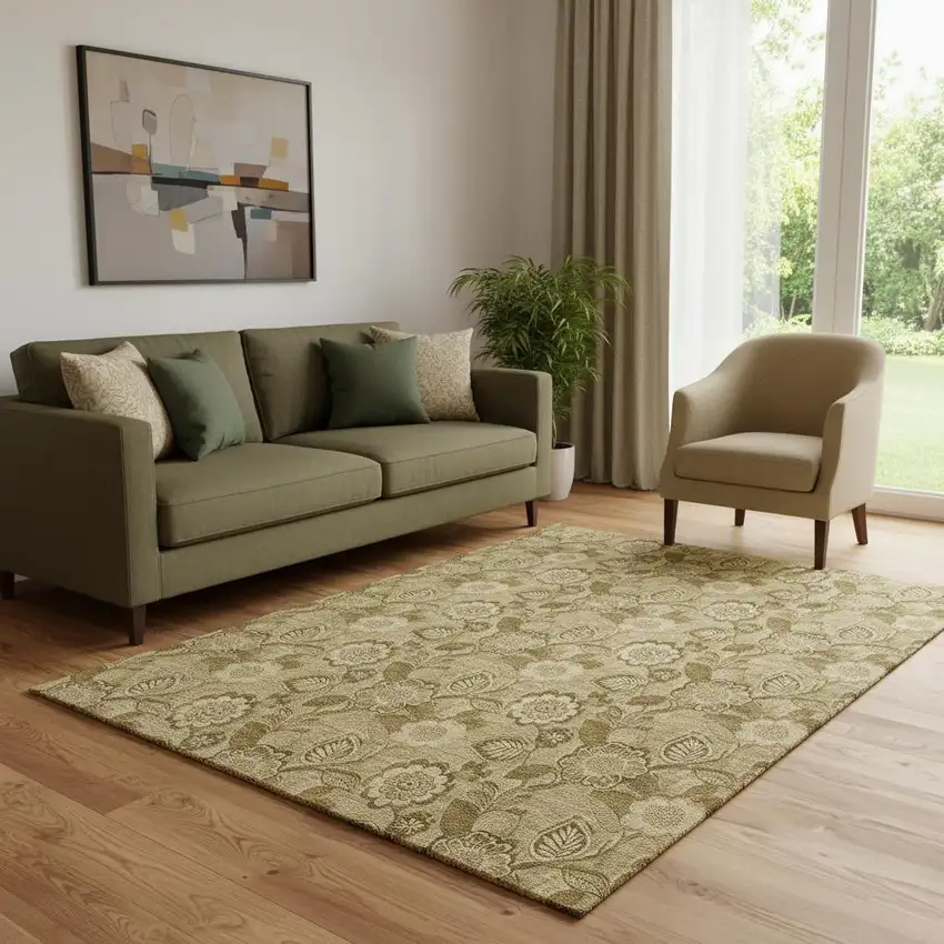 Coffee And Beige Floral Washable Area Rug With UV Protection Photo 2