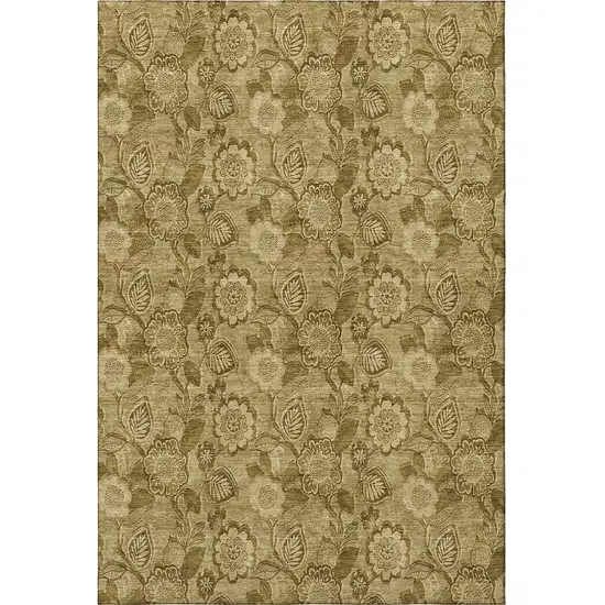 Coffee And Beige Floral Washable Area Rug With UV Protection Photo 3
