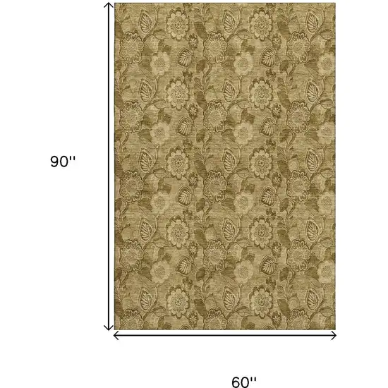 Coffee And Beige Floral Washable Area Rug With UV Protection Photo 8
