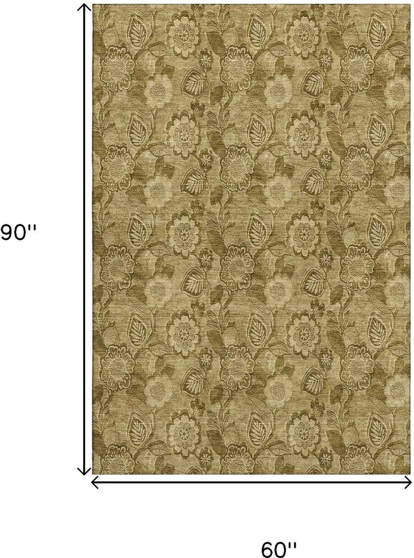 Coffee And Beige Floral Washable Area Rug With UV Protection Photo 8