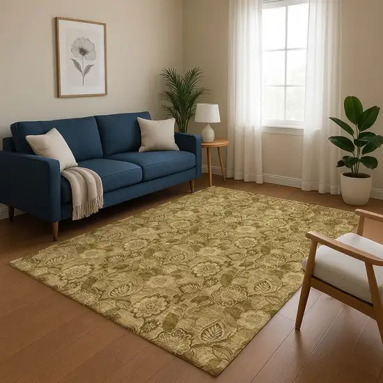 Coffee And Beige Floral Washable Area Rug With UV Protection Photo 4