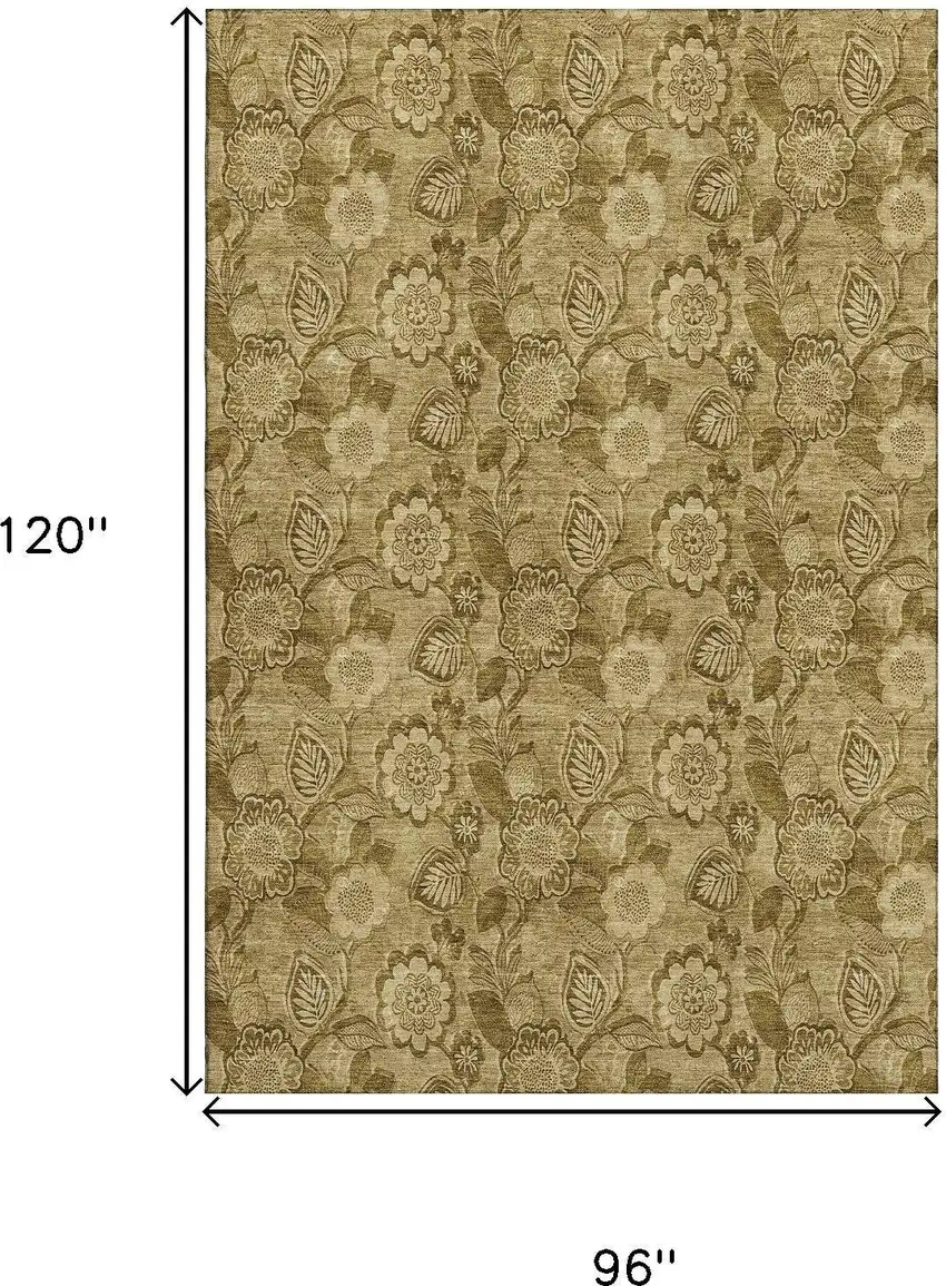 Coffee And Beige Floral Washable Area Rug With UV Protection Photo 9