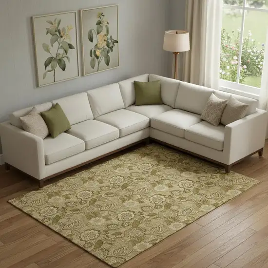 Coffee And Beige Floral Washable Area Rug With UV Protection Photo 2
