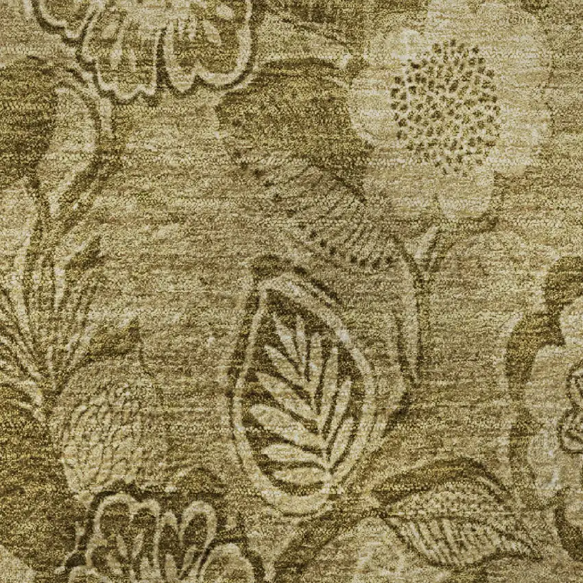 Coffee And Beige Floral Washable Area Rug With UV Protection Photo 8