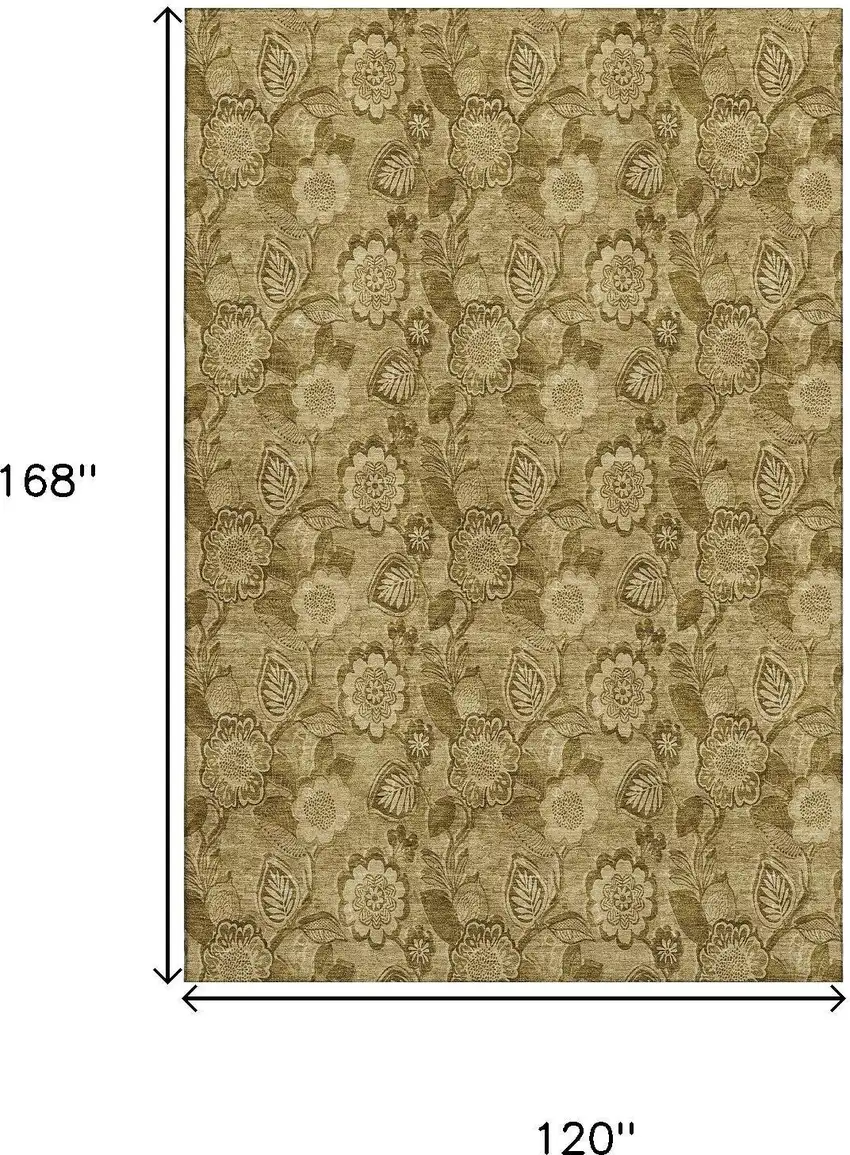Coffee And Beige Floral Washable Area Rug With UV Protection Photo 9