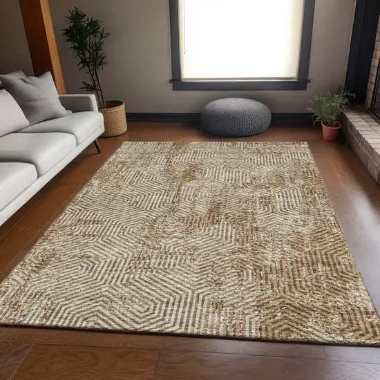 Coffee And Beige Geometric Washable Area Rug With UV Protection Photo 6
